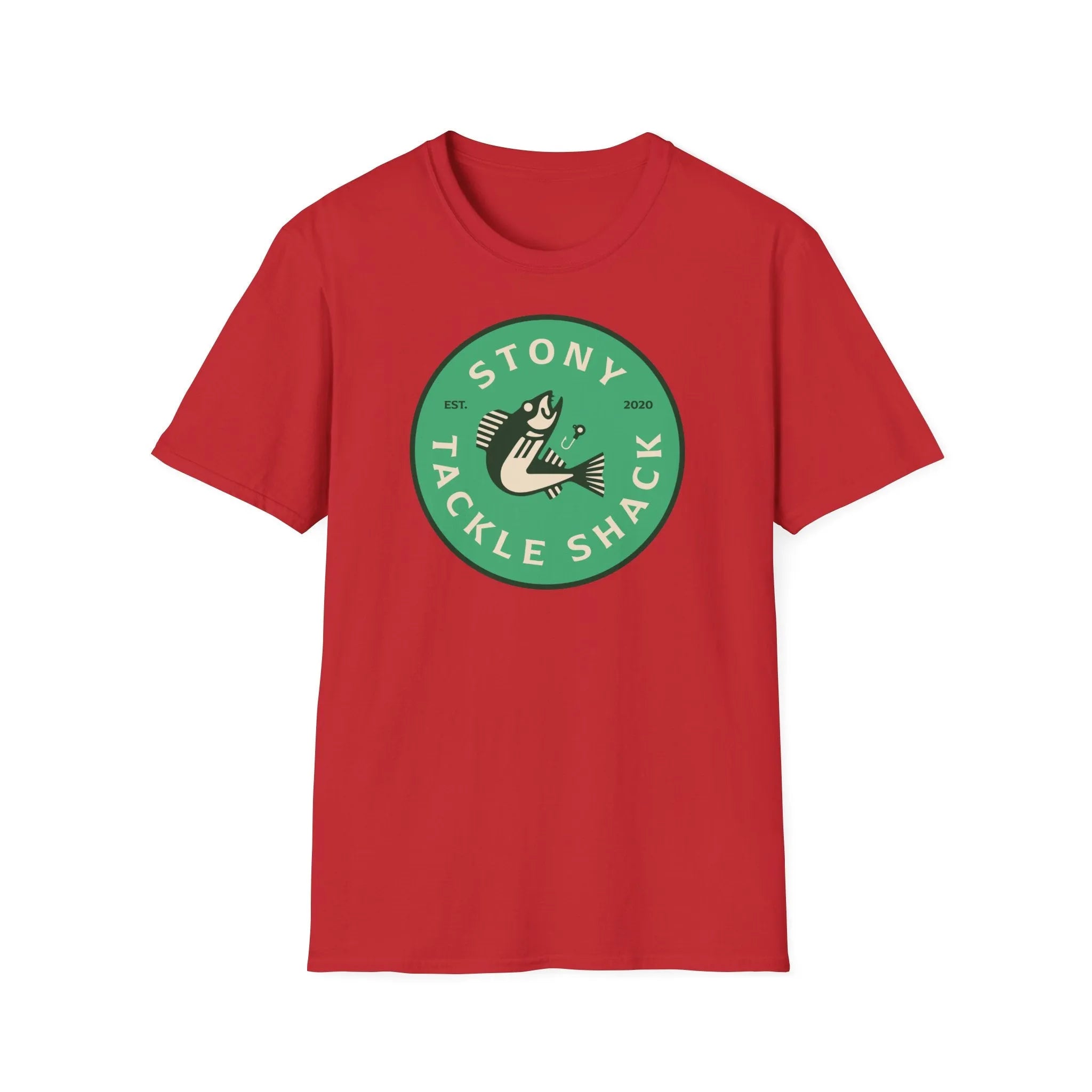 Red t-shirt with a green logo on a white background