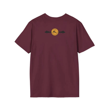 Maroon t-shirt with a yellow logo on the back against a white background