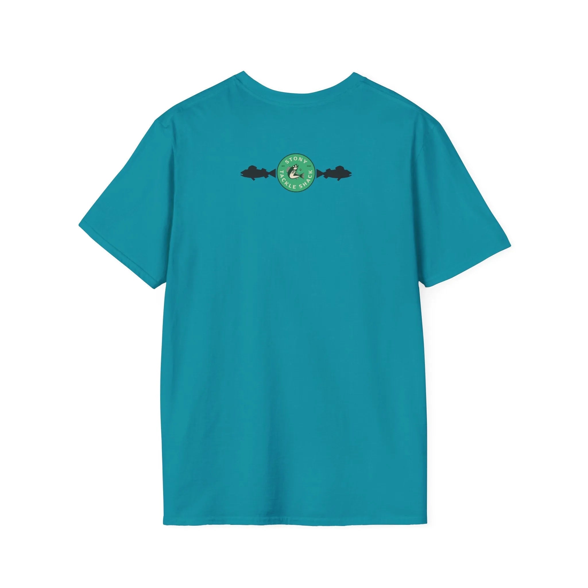 Teal t-shirt with a logo on the back against a white background