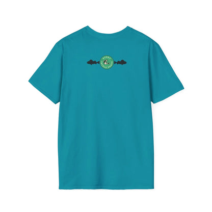 Teal t-shirt with a logo on the back against a white background