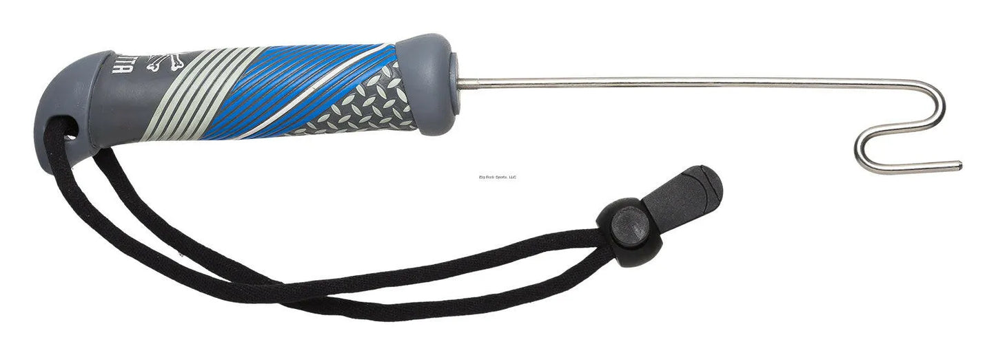 Fishing hook remover with a blue and gray handle on a white background