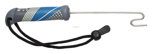Fishing hook remover with a blue and gray handle on a white background