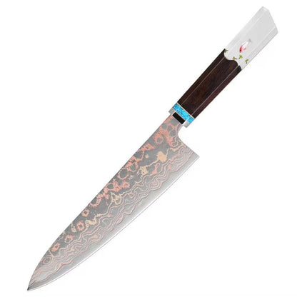 Decorative chef's knife with a detailed blade and wooden handle on a white background