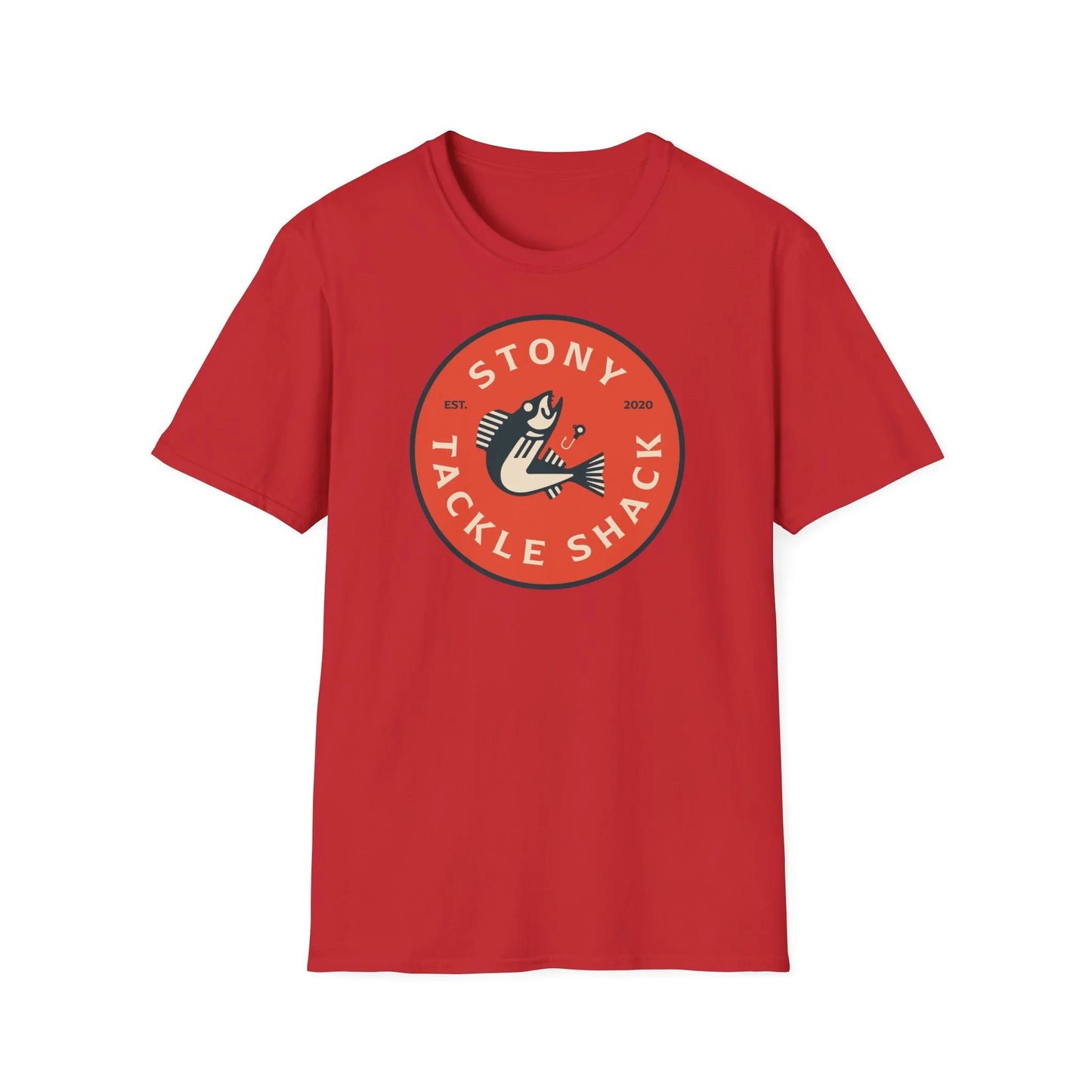Red t-shirt with red 'Stony Tackle Shack' logo on a white background