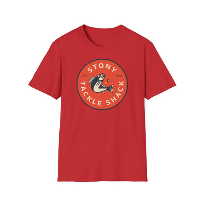 Red t-shirt with red 'Stony Tackle Shack' logo on a white background
