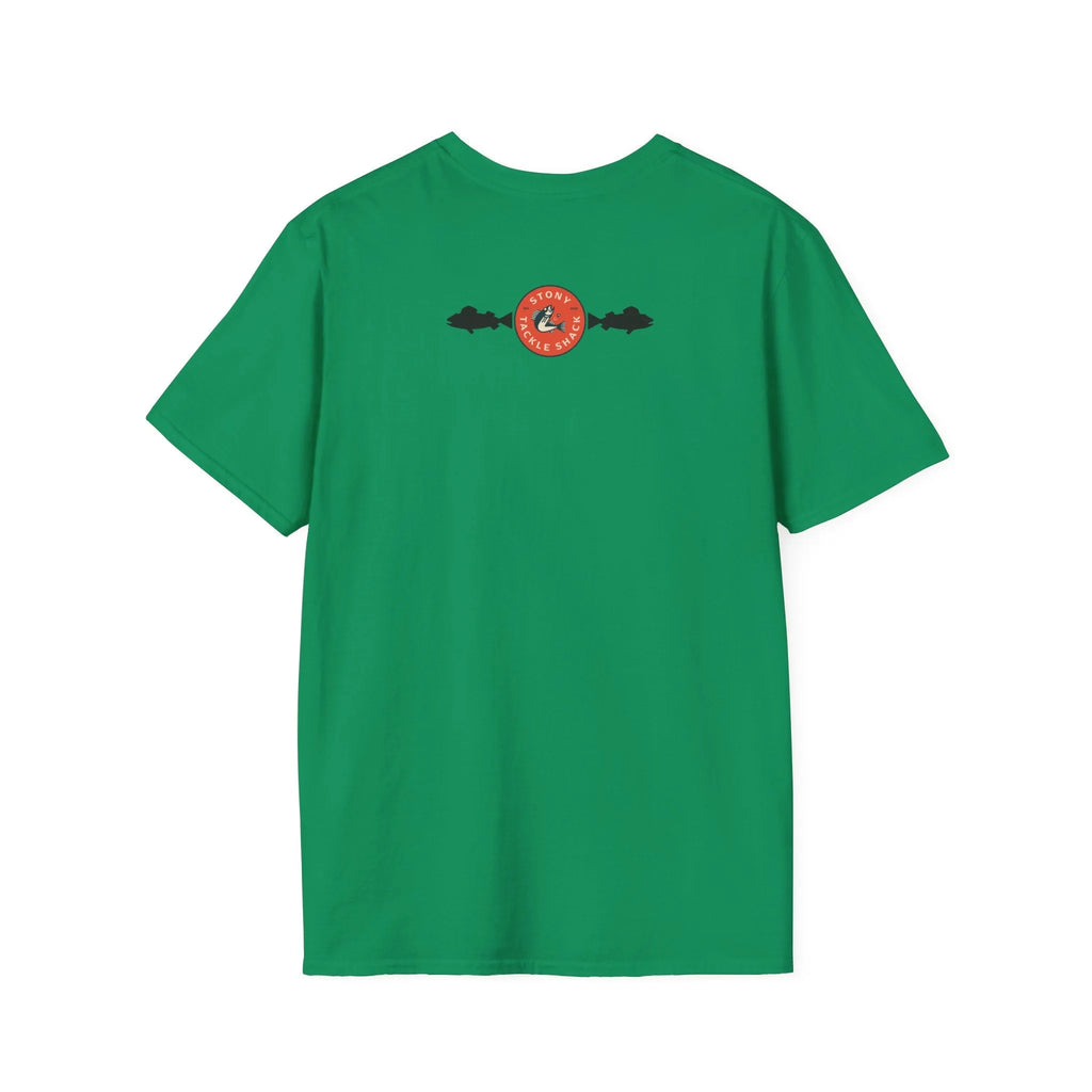 Green t-shirt with a small red logo on the back against a white background