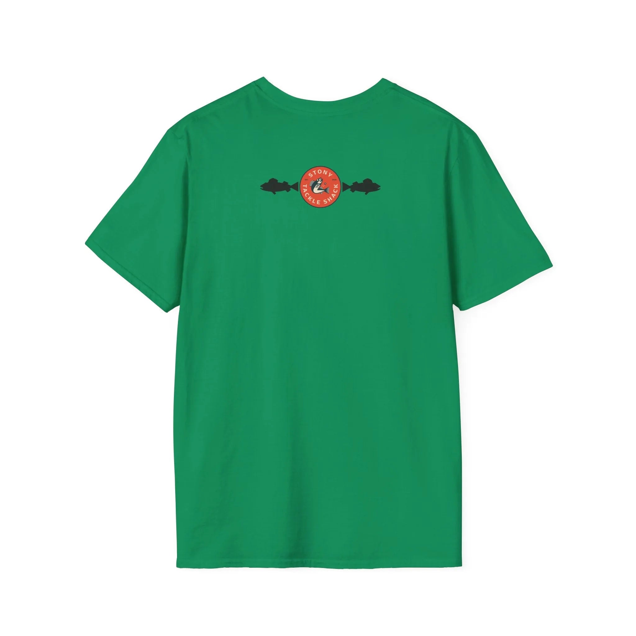 Green t-shirt with a small red logo on the back against a white background