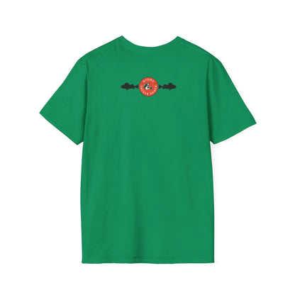 Green t-shirt with a small red logo on the back against a white background
