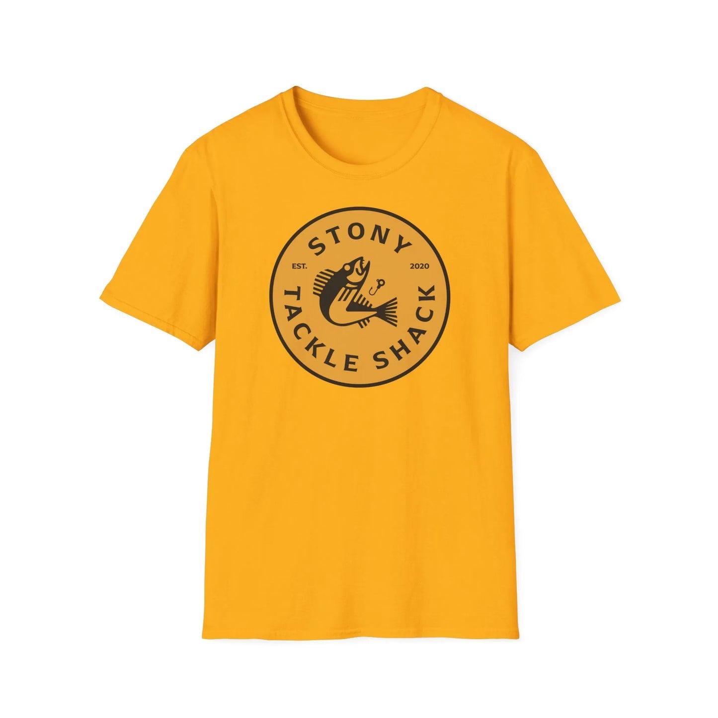 Yellow t-shirt with yellow 'Stony Tackle Shack' logo on a white background