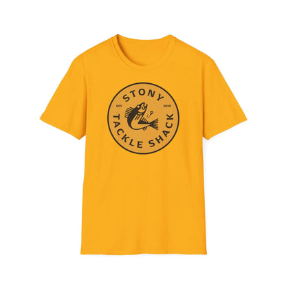 Yellow t-shirt with yellow 'Stony Tackle Shack' logo on a white background