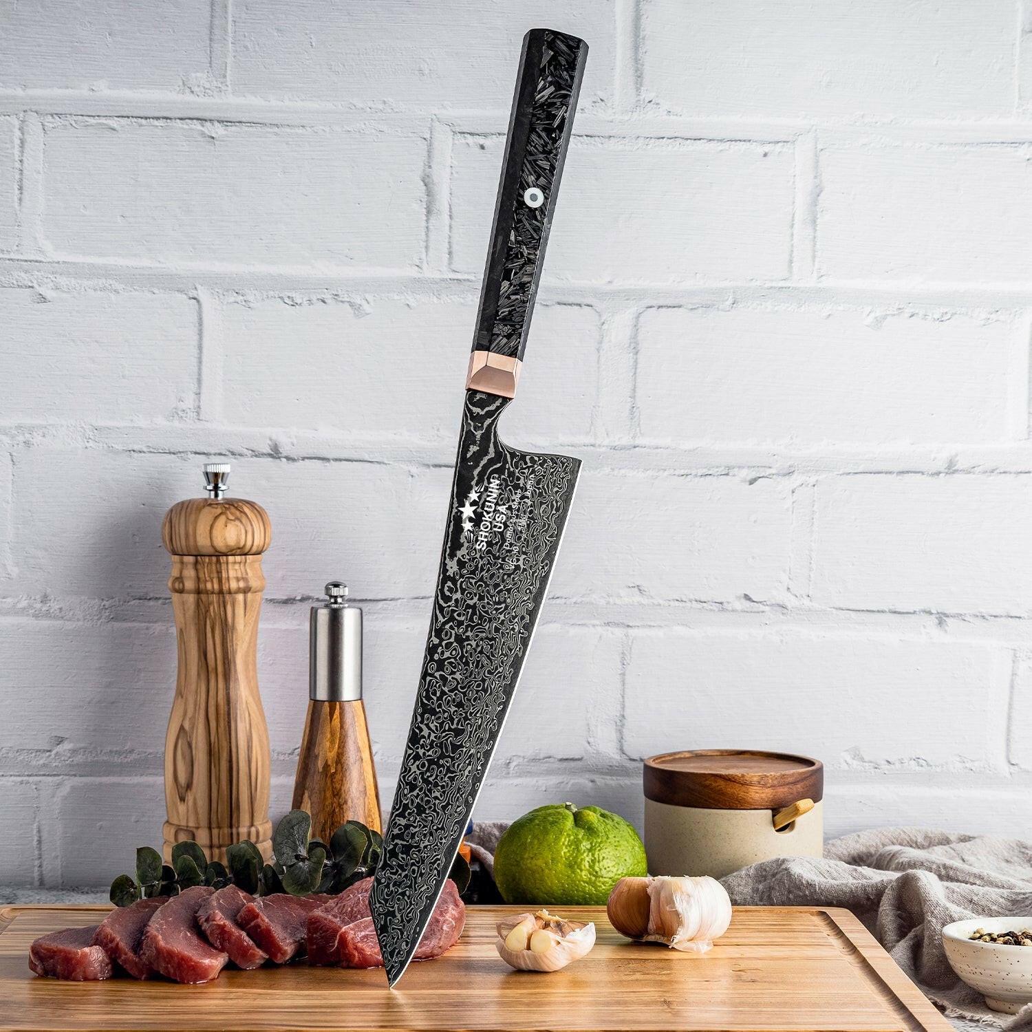 Decorative chef's knife on a wooden cutting board with ingredients and a white brick wall background