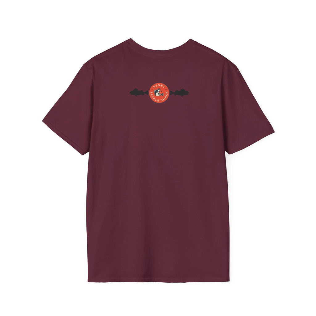 Maroon t-shirt with a small red logo on the back against a white background