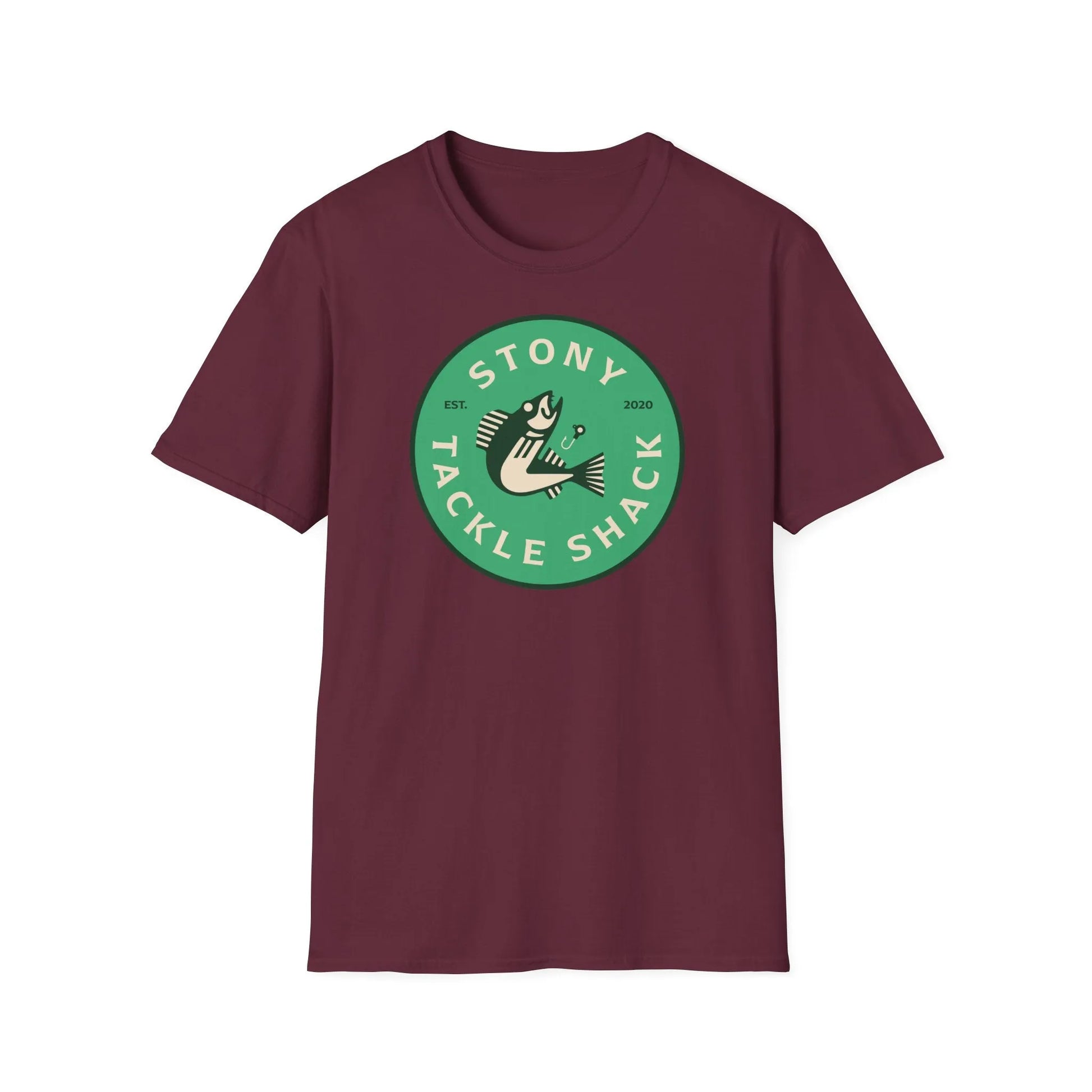 Maroon t-shirt with green logo and text on a white background