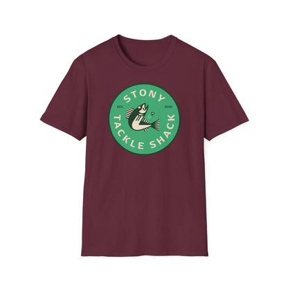 Maroon t-shirt with green logo and text on a white background
