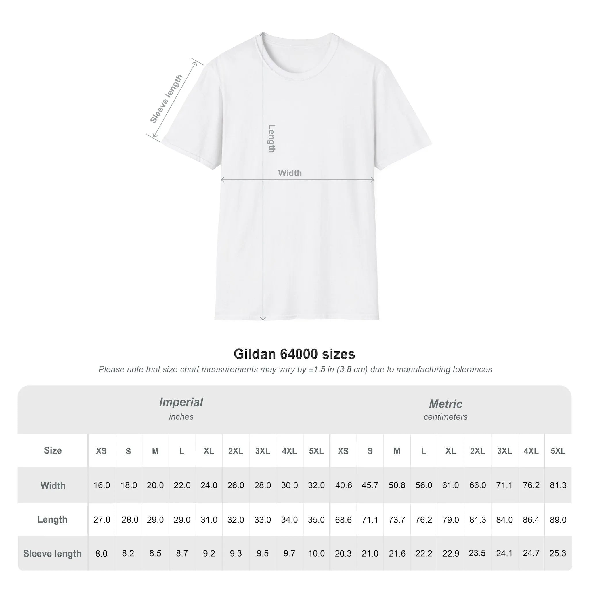 White t-shirt with size chart measurements on a white background