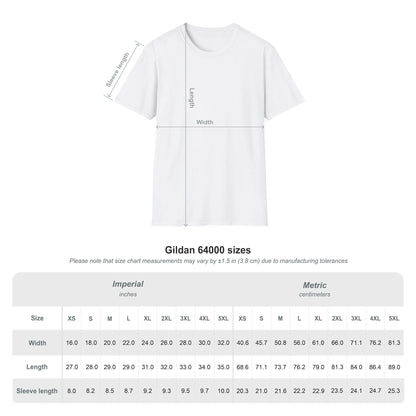 White t-shirt with size chart measurements on a white background