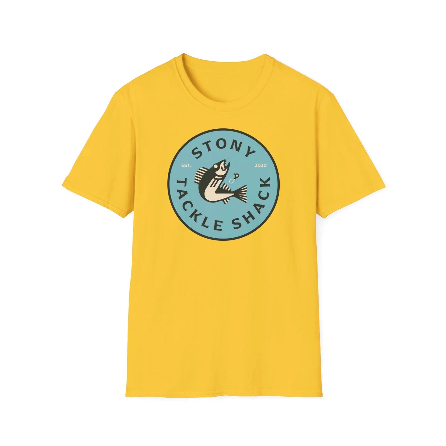 Yellow t-shirt with 'Stony Tackle Shack' logo on a white background