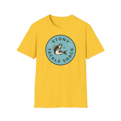 Yellow t-shirt with 'Stony Tackle Shack' logo on a white background