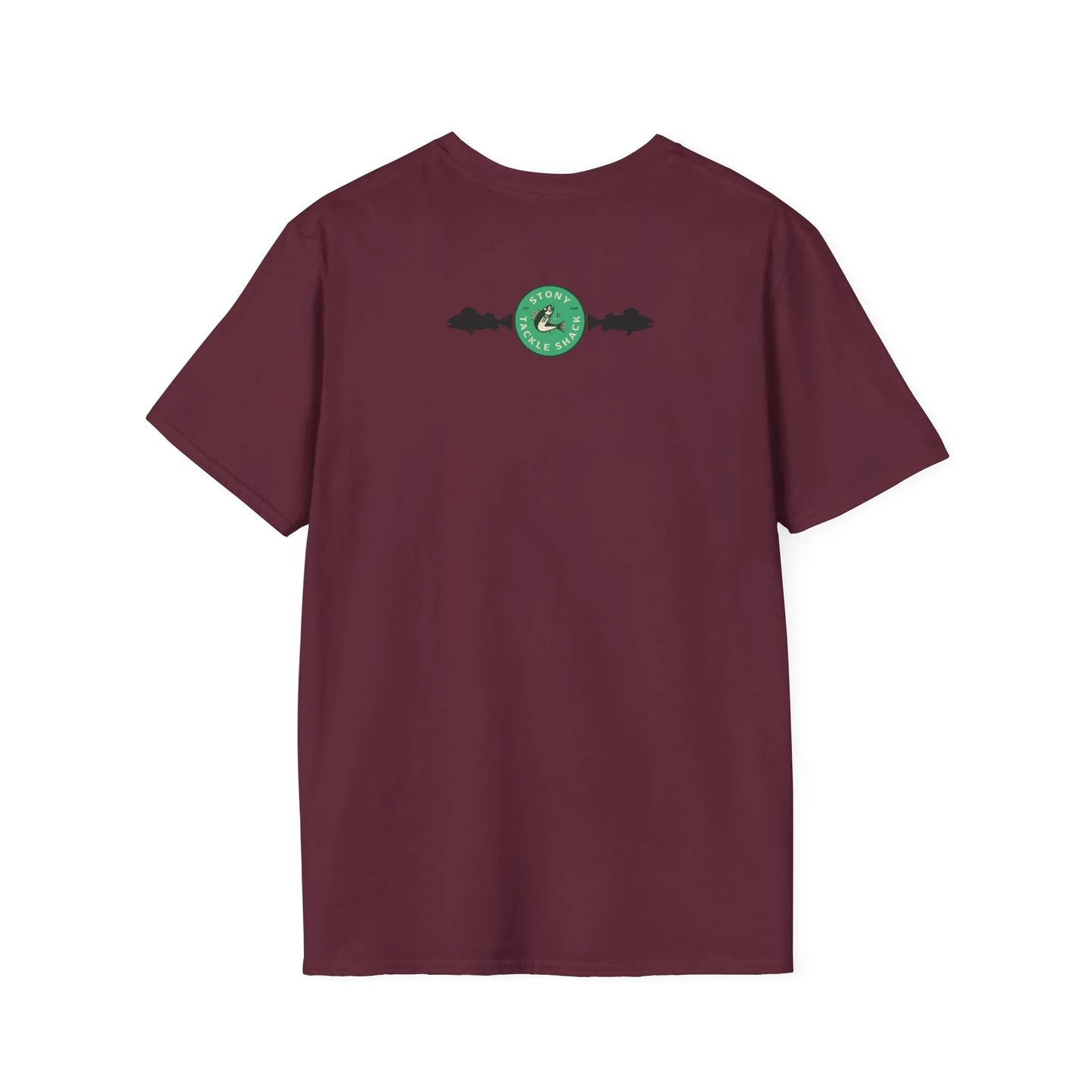 Maroon t-shirt with a green logo on the back against a white background