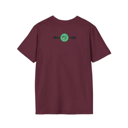 Maroon t-shirt with a green logo on the back against a white background