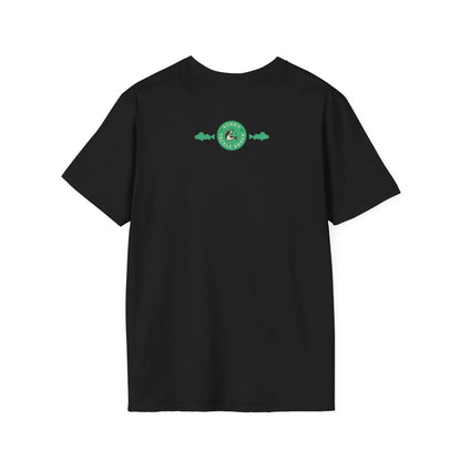 Black t-shirt with a green logo on the back against a white background