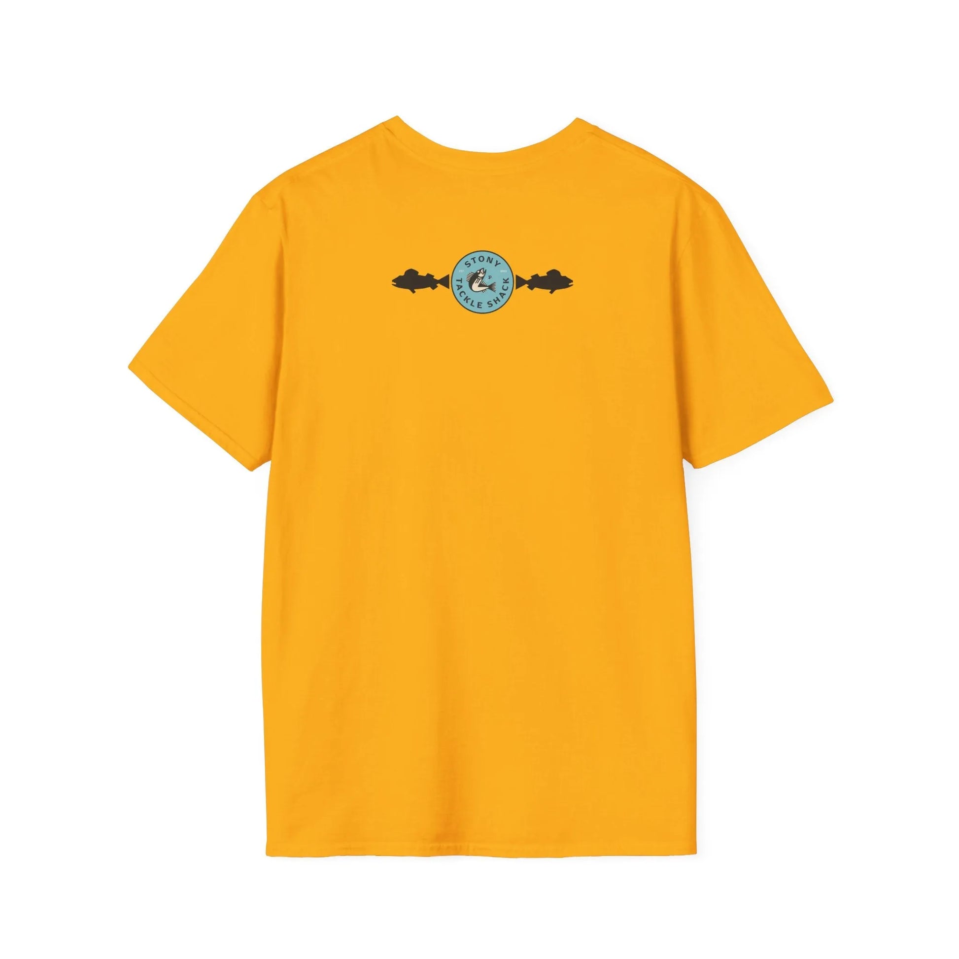 Yellow t-shirt with a small logo on the back against a white background