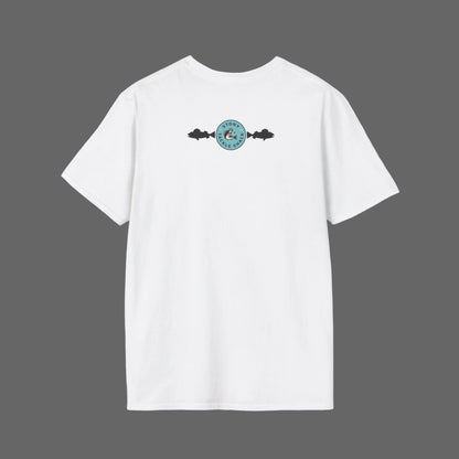 White t-shirt with a small logo on the back against a gray background