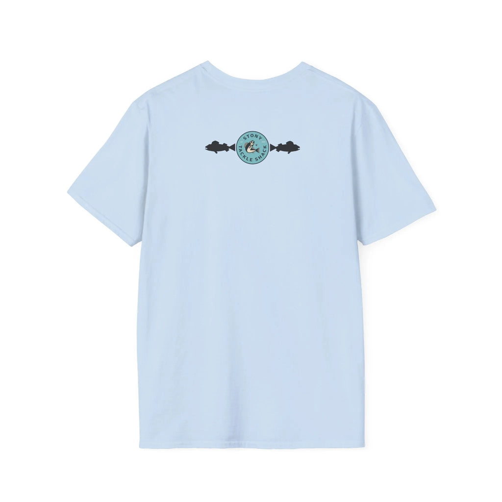 Light blue t-shirt with a logo on the back against a white background