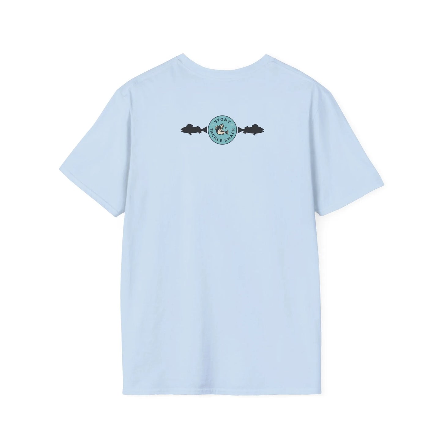 Light blue t-shirt with a logo on the back against a white background
