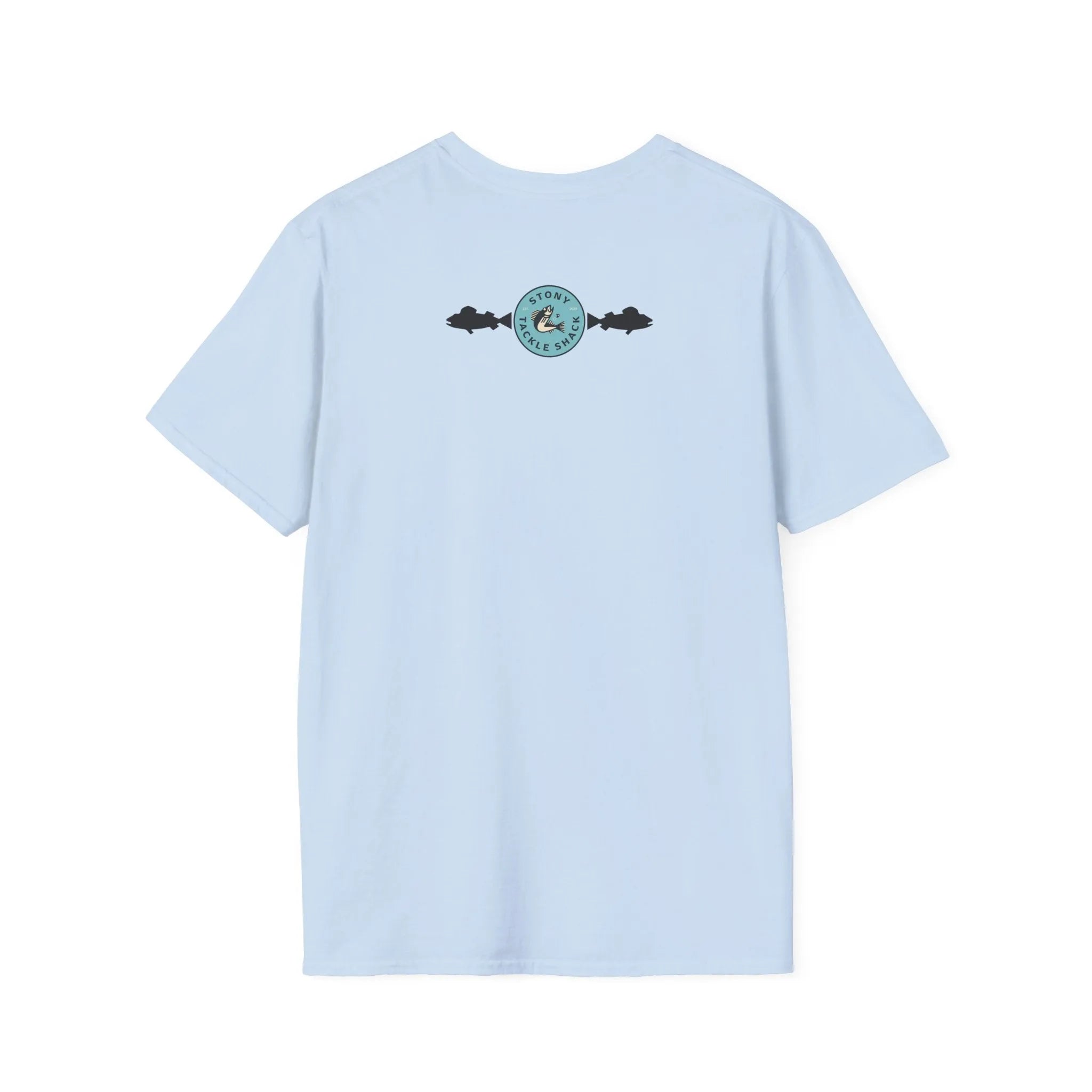 Light blue t-shirt with a logo on the back against a white background