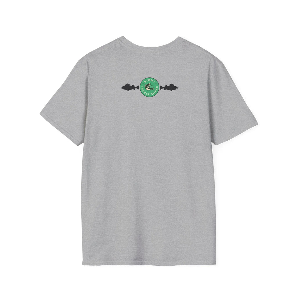 Gray t-shirt with a green logo on the back against a white background