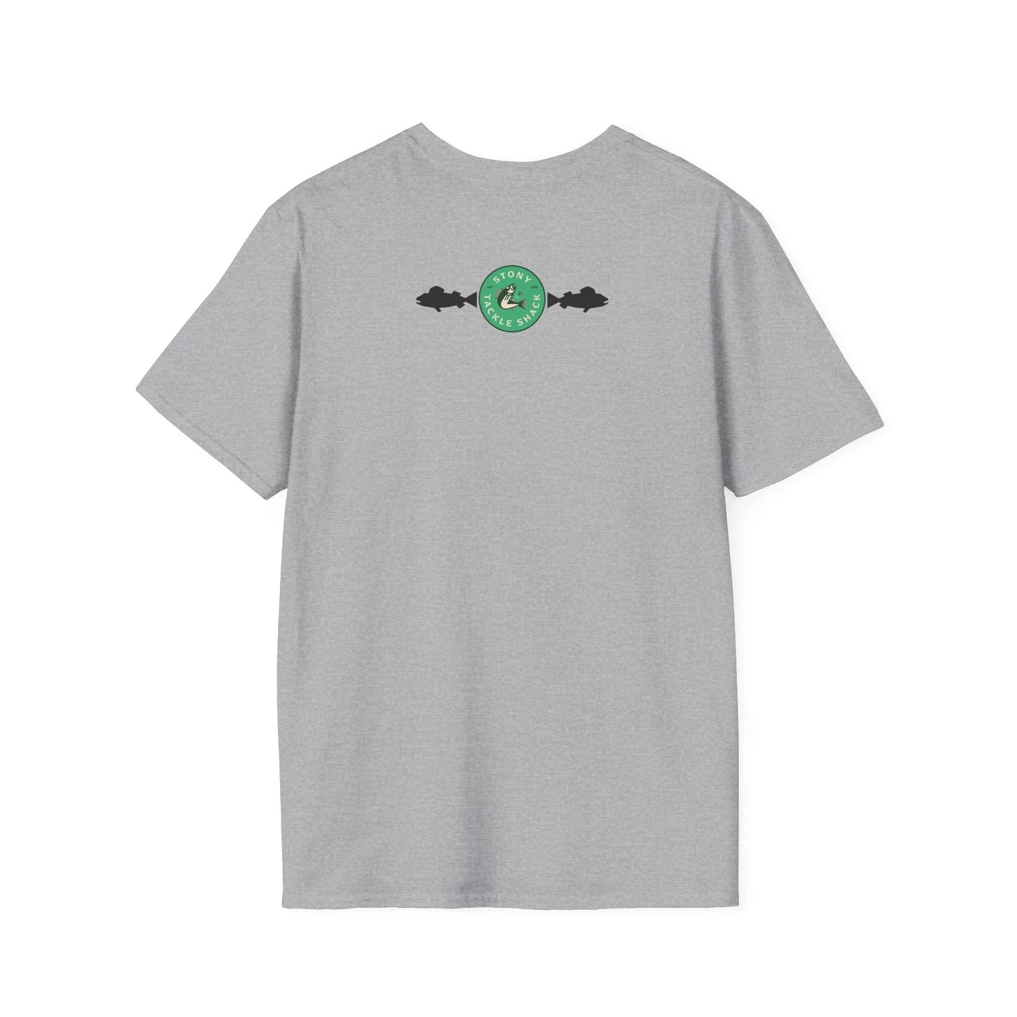Gray t-shirt with a green logo on the back against a white background