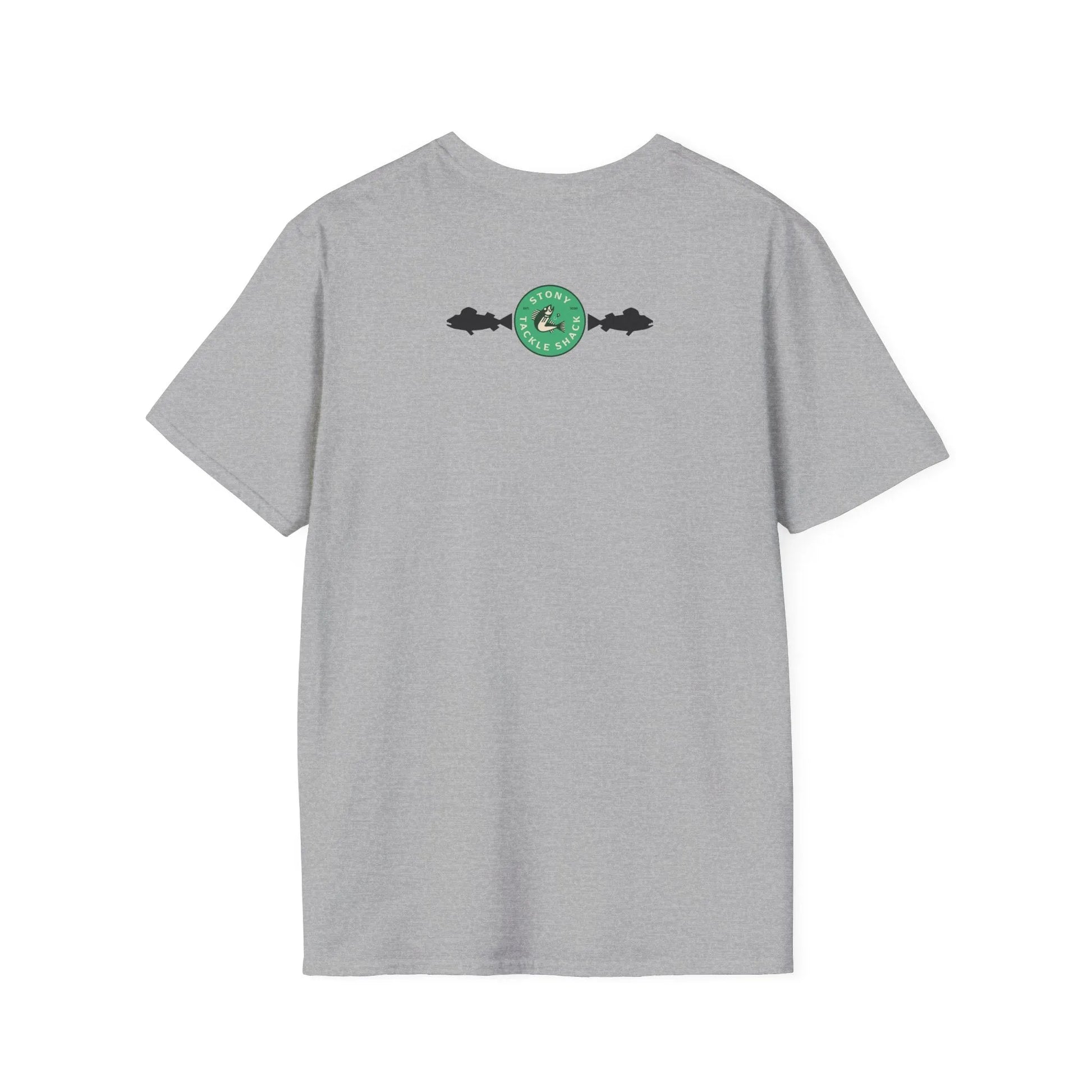 Gray t-shirt with a green logo on the back against a white background