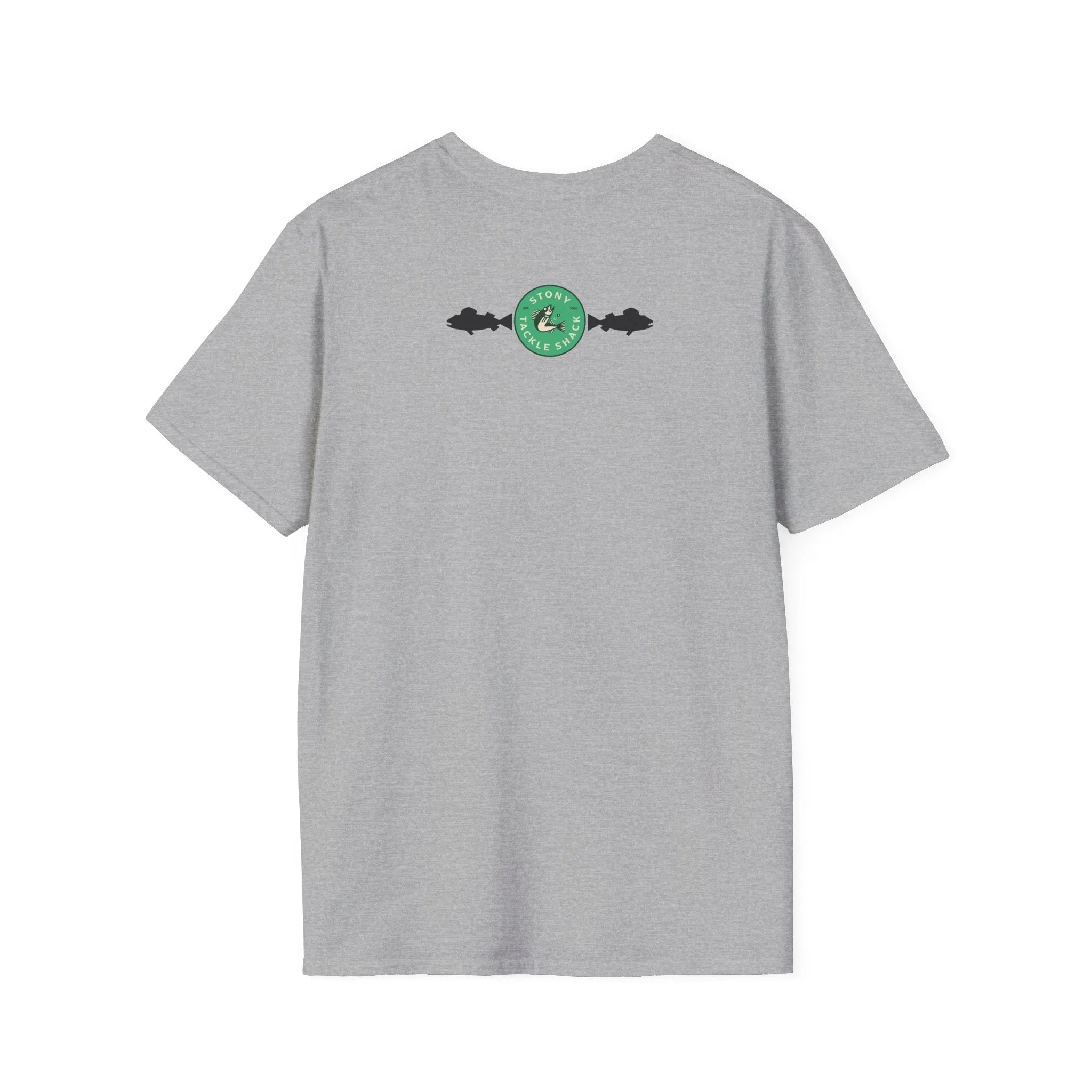 Gray t-shirt with a green logo on the back against a white background