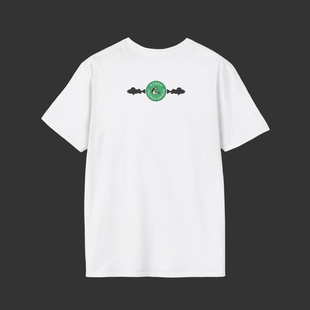 White t-shirt with a small logo on the chest against a grey background