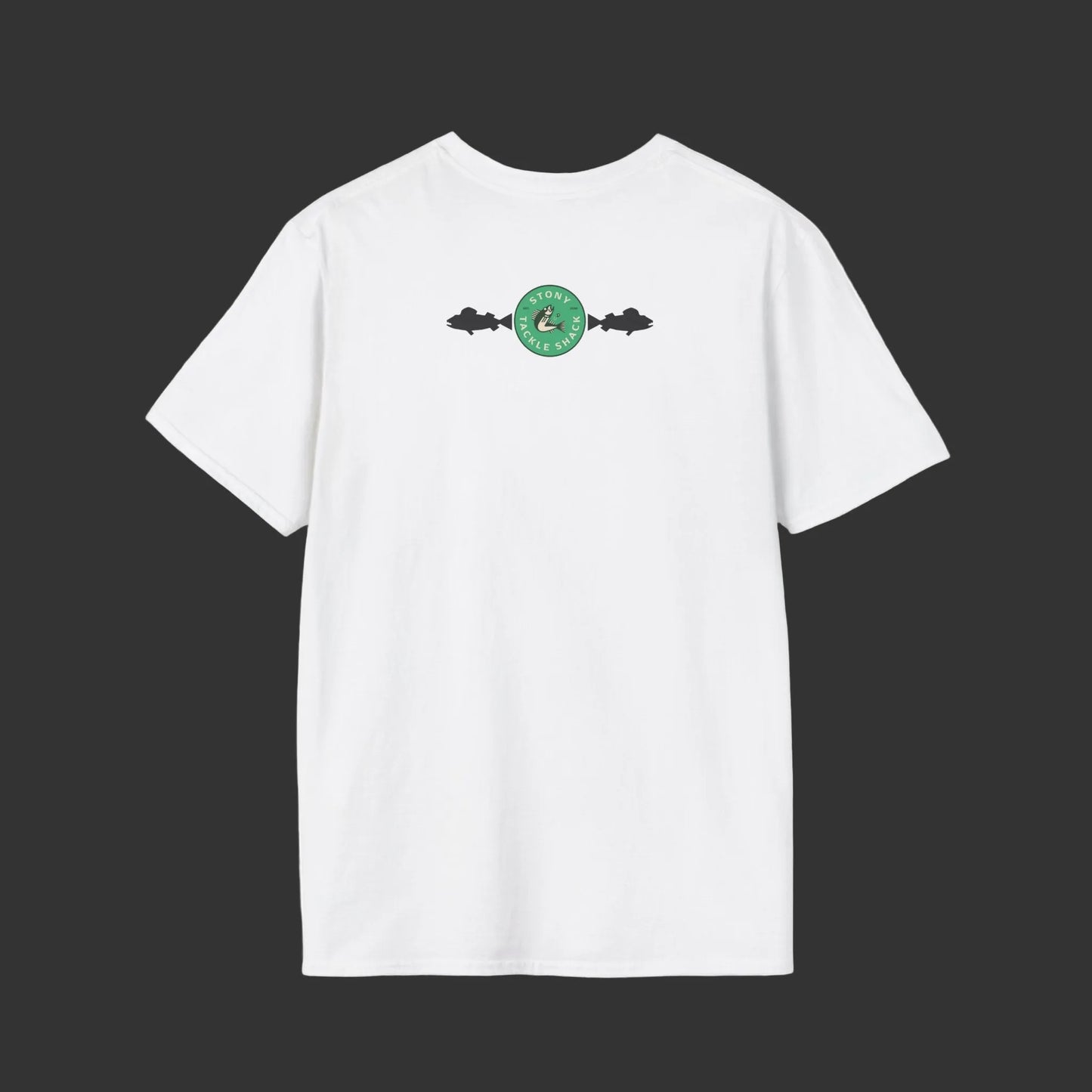 White t-shirt with a small logo on the chest against a grey background