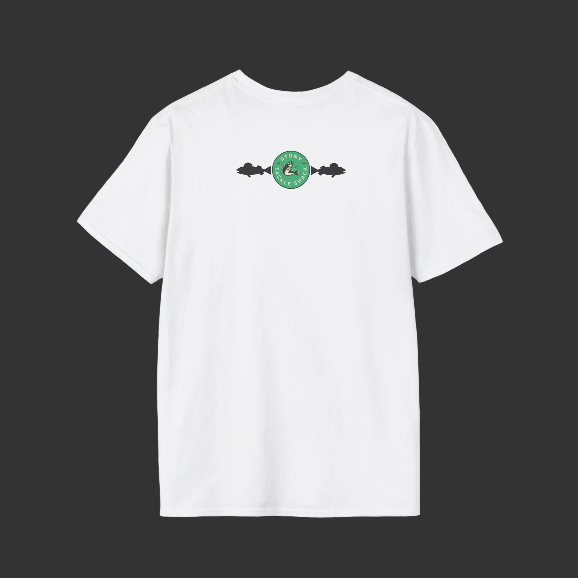 White t-shirt with a small logo on the chest against a grey background