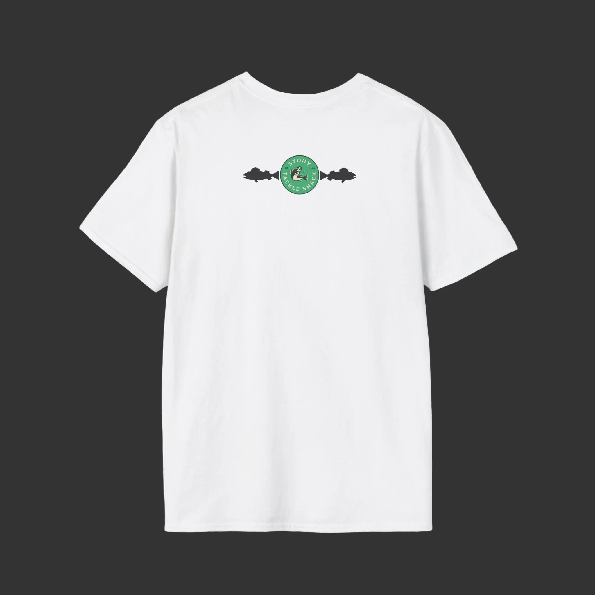 White t-shirt with a small logo on the chest against a grey background