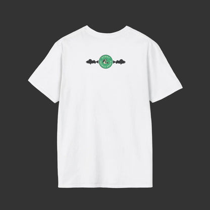 White t-shirt with a small logo on the chest against a grey background