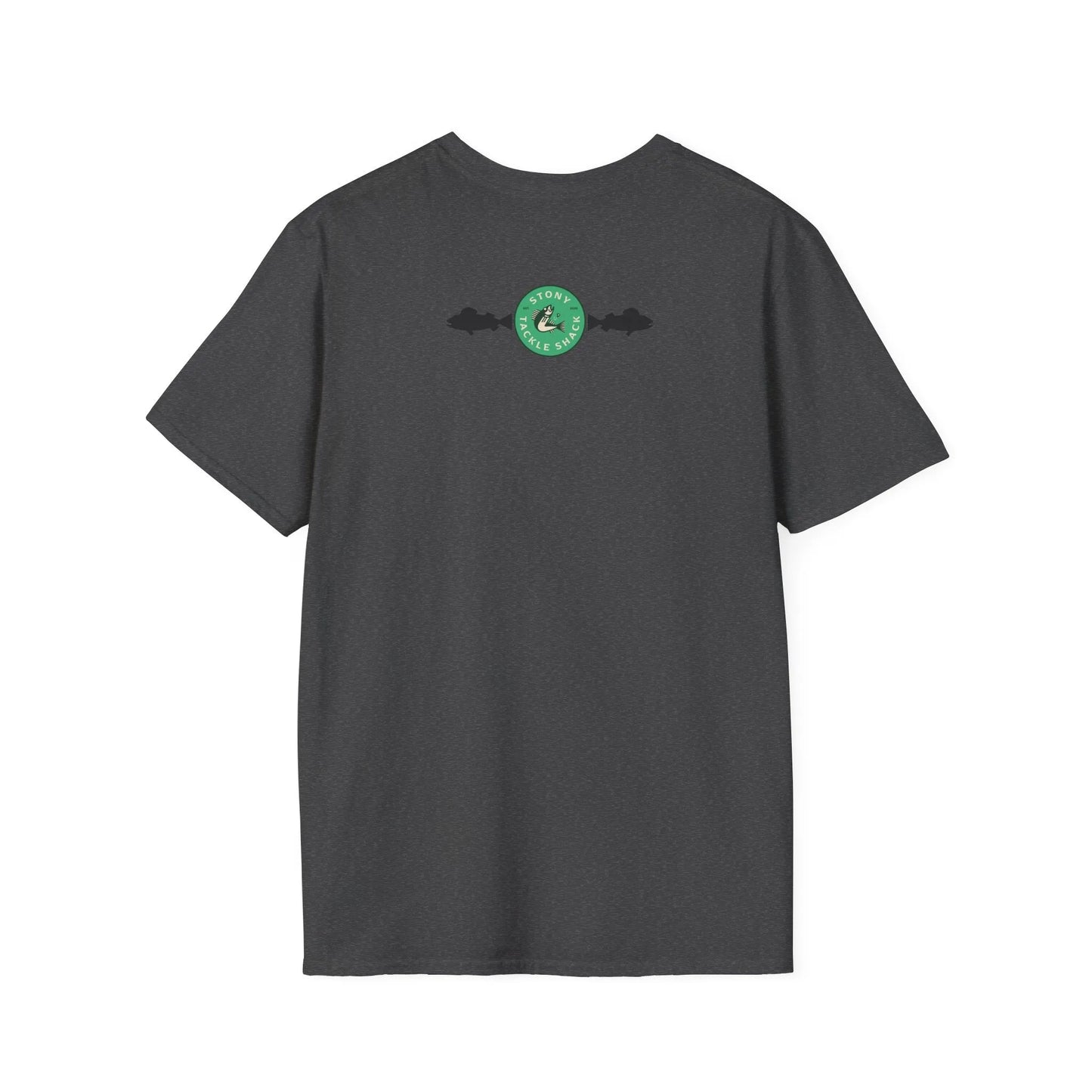Black t-shirt with a green logo on the back against a white background