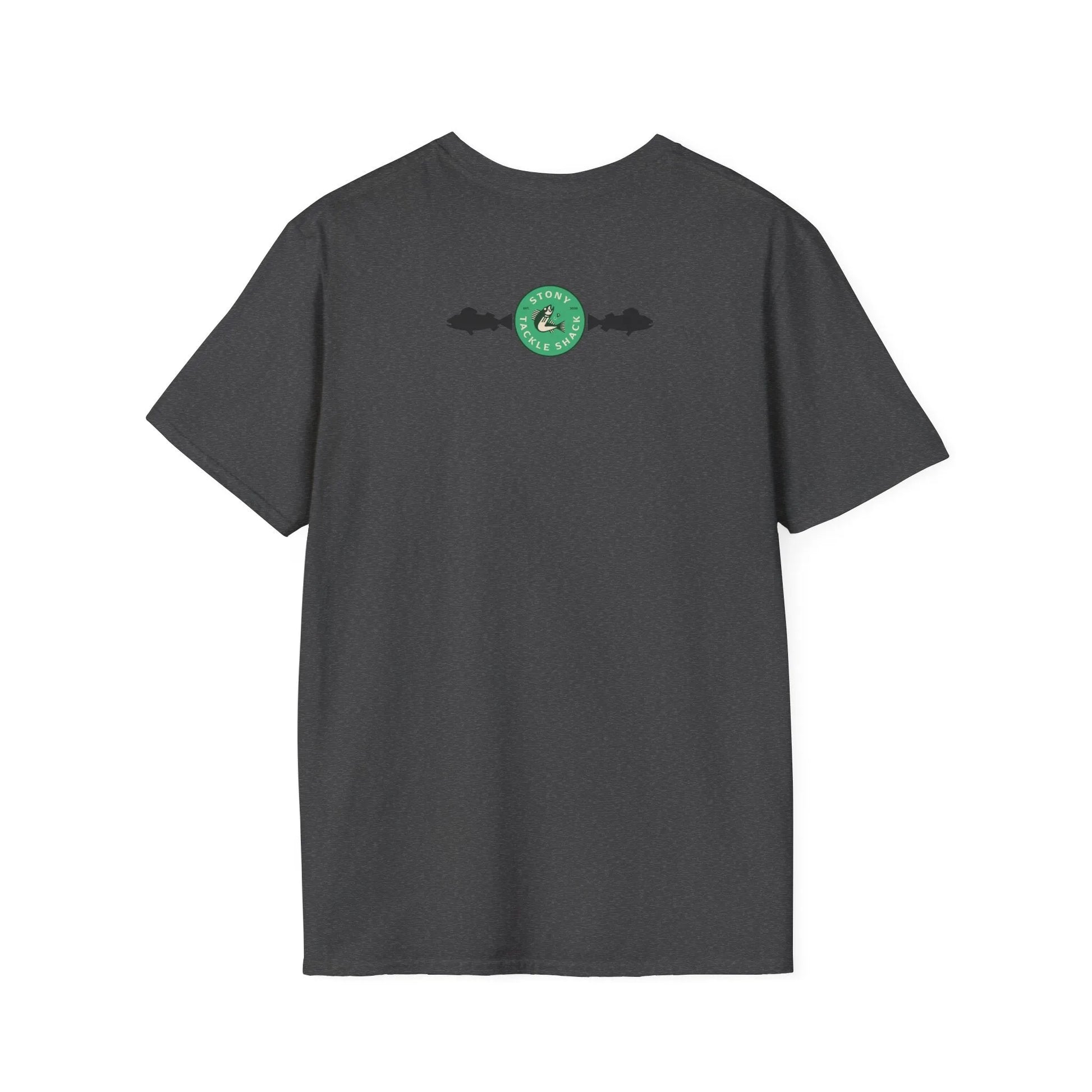 Black t-shirt with a green logo on the back against a white background