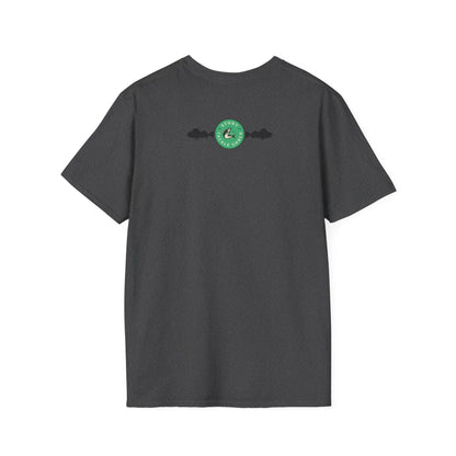 Black t-shirt with a green logo on the back against a white background