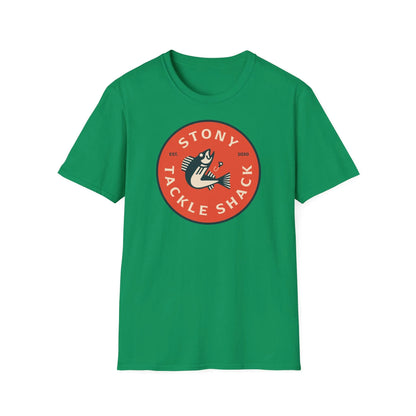 Green t-shirt with a red logo on a white background