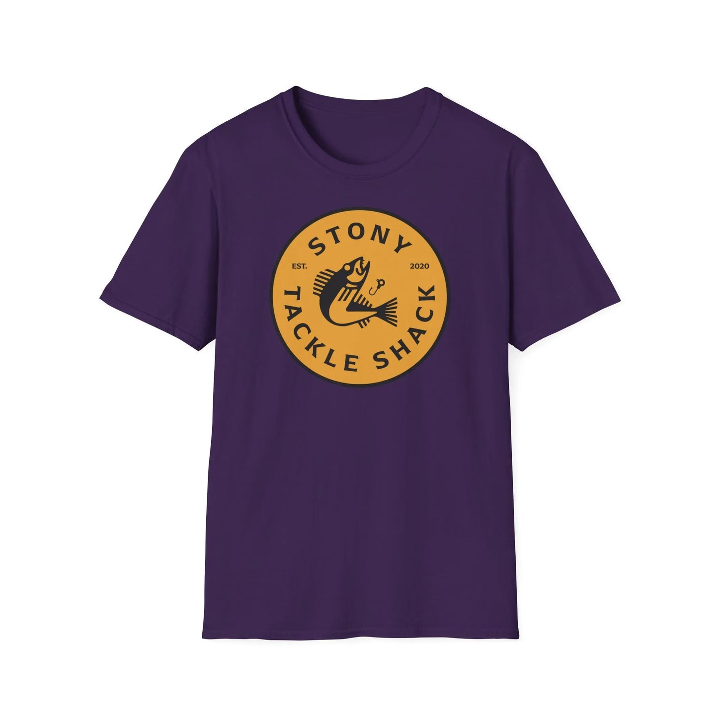Purple t-shirt with yellow 'Stony Tackle Shack' logo on a white background
