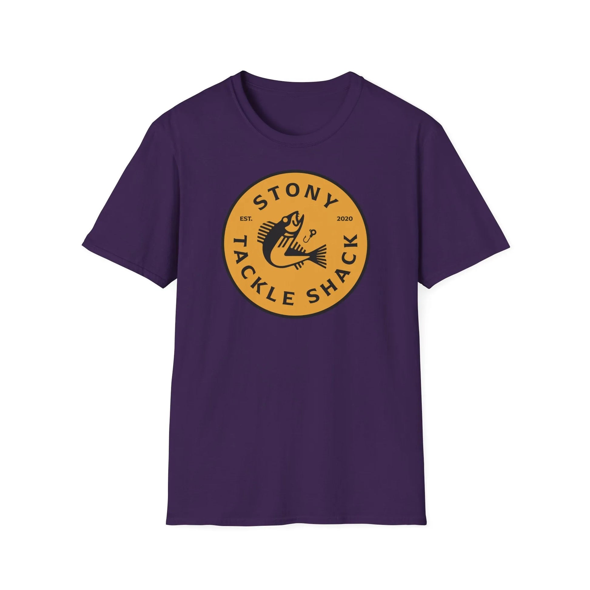 Purple t-shirt with yellow 'Stony Tackle Shack' logo on a white background
