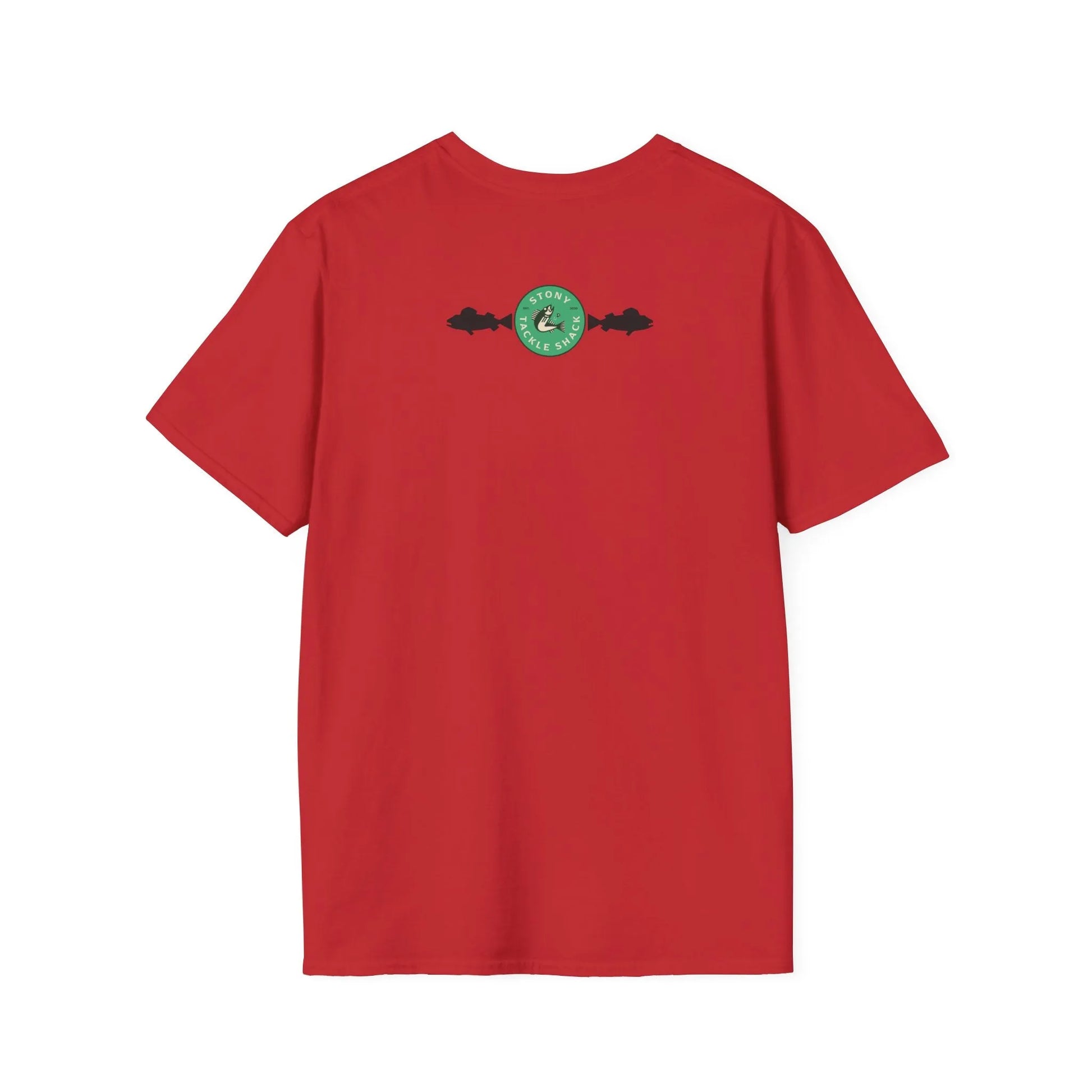 Red t-shirt with a green logo on the back against a white background