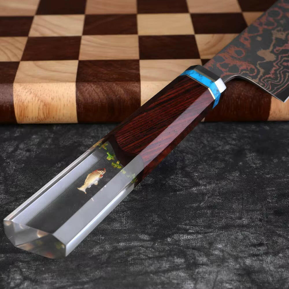 Knife with a wooden handle and transparent blade on a checkered surface
