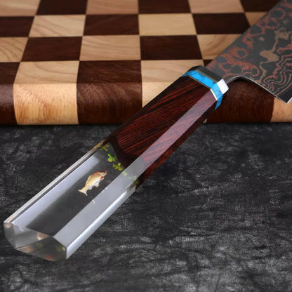 Knife with a wooden handle and transparent blade on a checkered surface