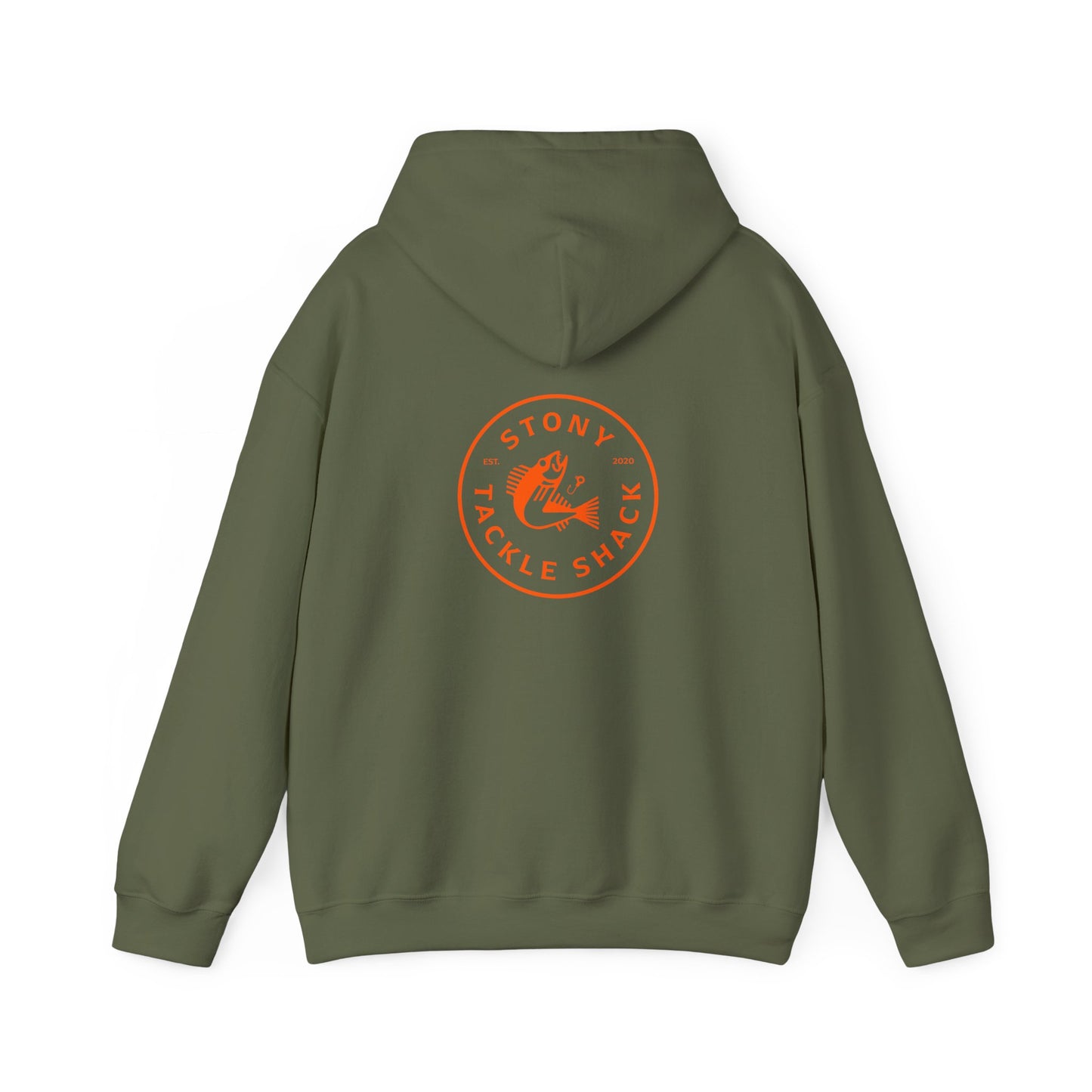 Green hoodie with orange logo on the back on a white background
