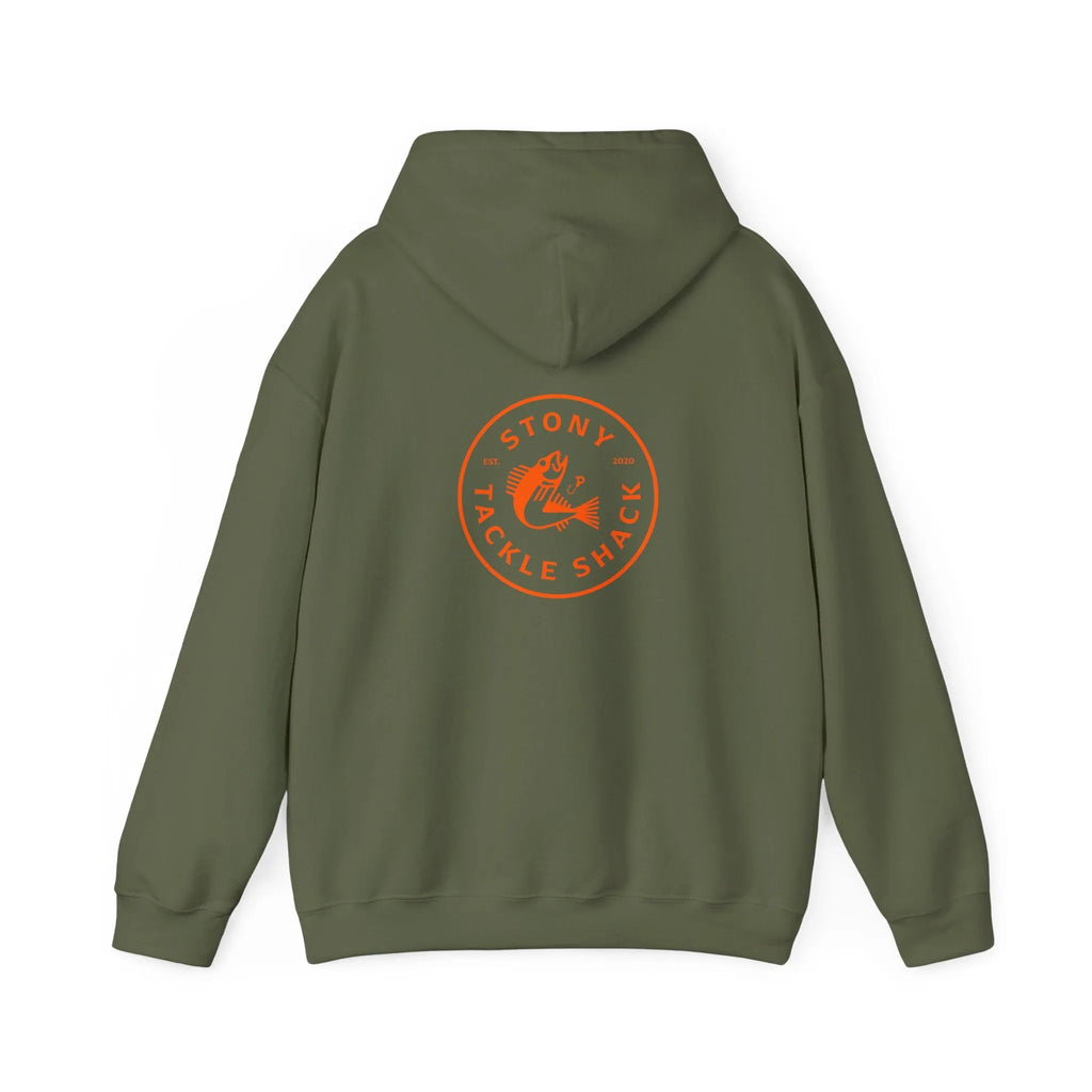 Green hoodie with orange logo on the back on a white background